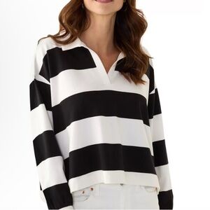 Crown & Ivy Long Sleeve black and white striped rugby style shirt